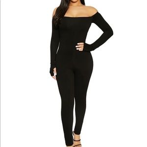 BLACK LONGSLEEVE NAKED WARDROBE JUMPSUIT OFF THE SHOULDER